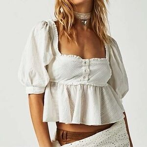 Free People Leave It To Me Top - White Puff Sleeve Blouse - Size Medium